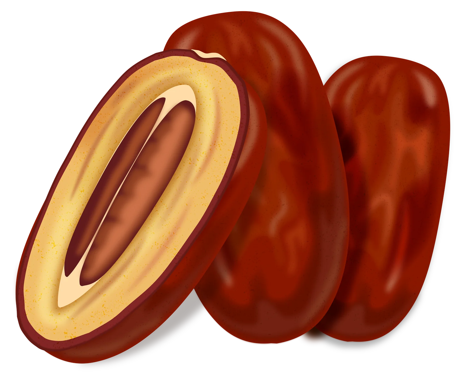 Illustrated dates with one cut open to show the fruit and pit