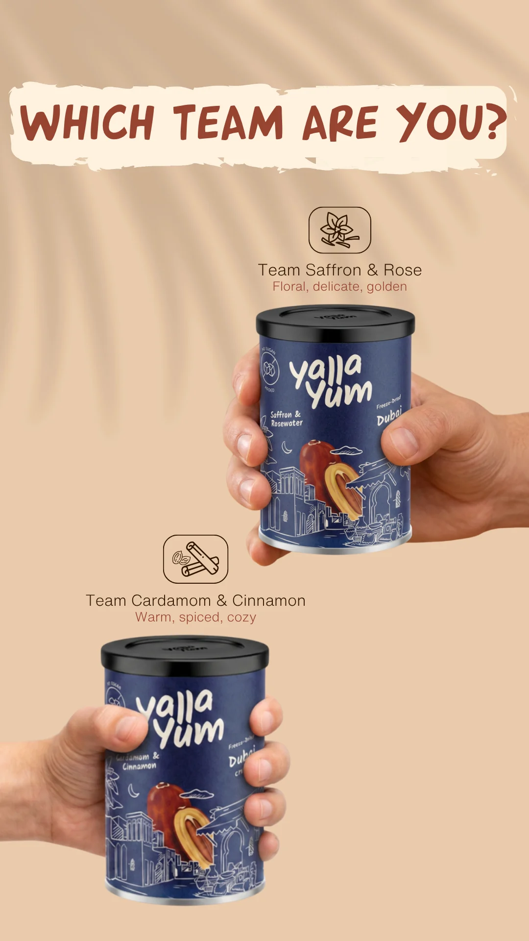 Two hands holding Saffron and Rosewater and Cardamom and Cinnamon Dubai Crunch cans