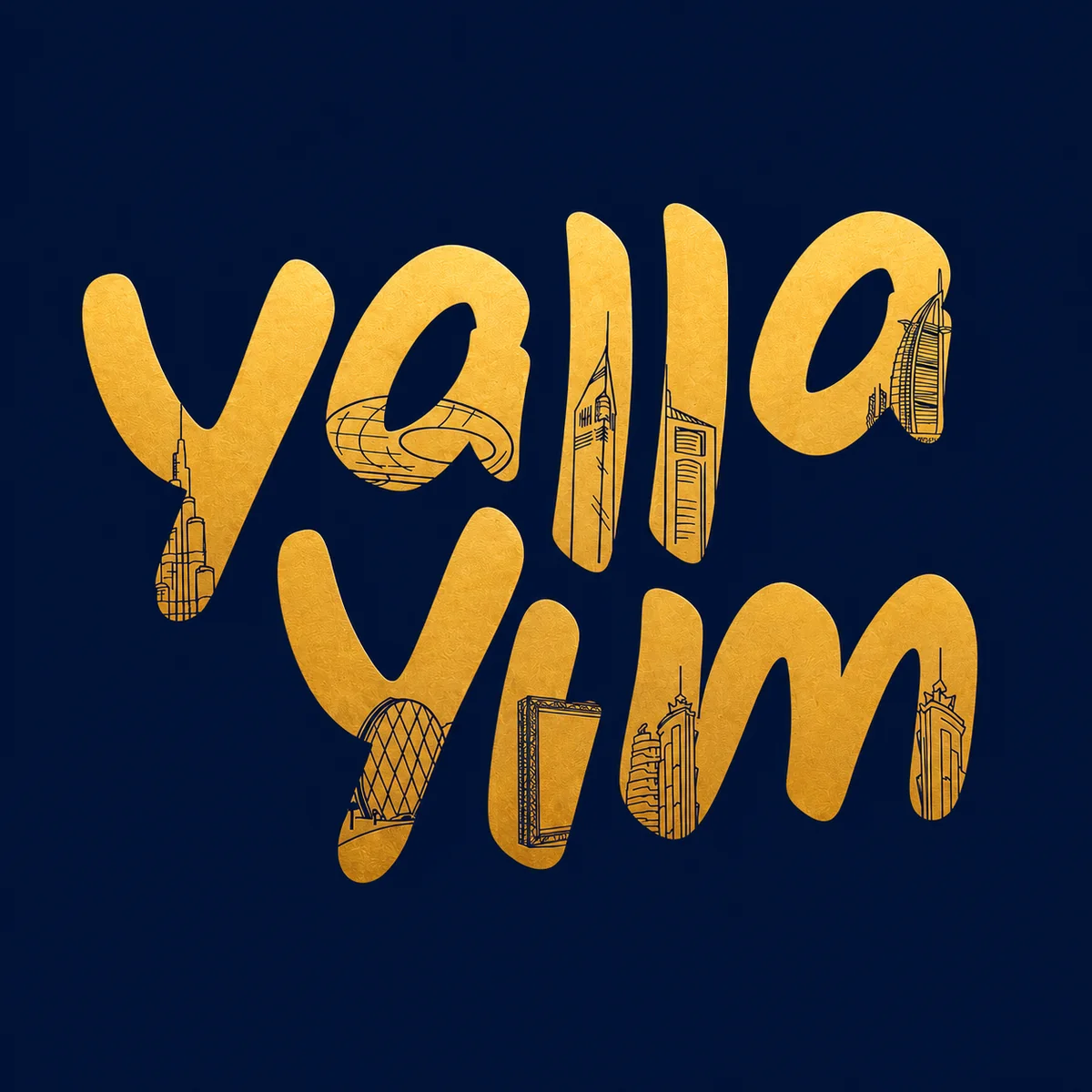 Gold YallaYum logo illustrated with Dubai landmarks on navy