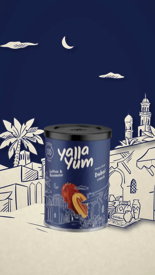 Dubai Crunch cans travelling through an illustrated Dubai street animation